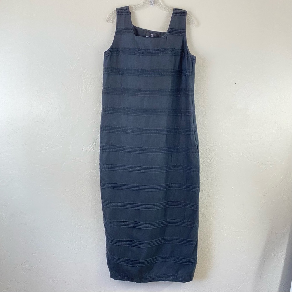 Carole Little Size 14 Solid Black Linen Tank Style Square Neck Tiered Midi Dress